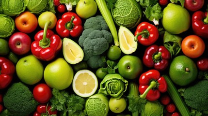 Assorted fresh ripe fruits and vegetables. Food concept background. Top view. Copy space.