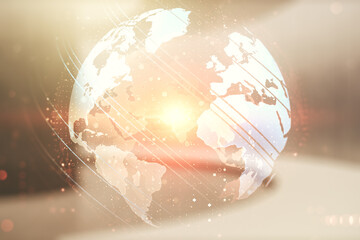 Aufkleber - Double exposure of abstract digital world map on empty modern office background, research and strategy concept