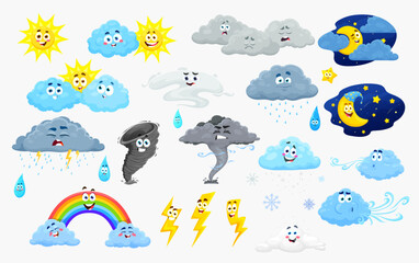 Cartoon weather characters, cute cloud and sun or rain, vector rainbow and wind storm. Cartoon weather characters of snow and moon with face, rainy lightning and funny tornado or raindrop emoticons