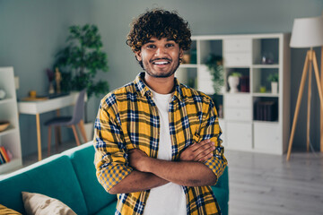 Sticker - Photo of positive person folded hands toothy smile demonstrate modern house video call living room indoors