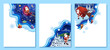 Christmas paper cut posters. Cartoon Santa with gifts bag, sleigh and pine tree. Vector holiday greeting card templates with funny Father Noel carry spruce and deliver presents to kids at Xmas night