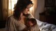 Mother who is breastfeeding her baby in the room