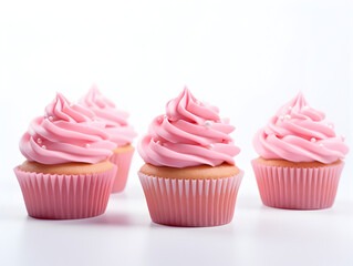 Wall Mural - Sweet cupcakes with pink buttercream on top, white background 