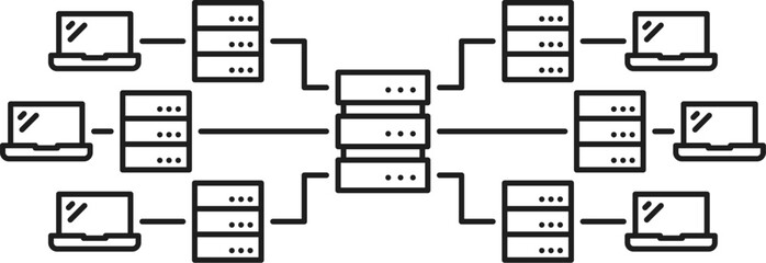 Fototapete - CDN. Content delivery network icon. Website storage and backup server, web database administration and media publishing system, CDN outline vector symbol with server and computers network