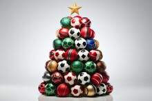 Christmas Tree Made From Various Football Balls For Sports Games. AI Generated