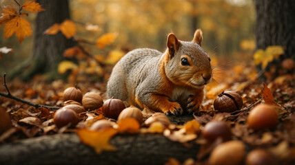 Wall Mural - squirrel in the autumn forest