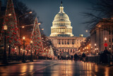 Fototapeta  -  Capitol building with a Christmas tree in the foreground. Suitable for holiday-themed designs, travel brochures, festive greeting cards, and patriotic promotions.christmas tree in washington