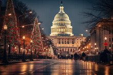  Capitol Building With A Christmas Tree In The Foreground. Suitable For Holiday-themed Designs, Travel Brochures, Festive Greeting Cards, And Patriotic Promotions.christmas Tree In Washington