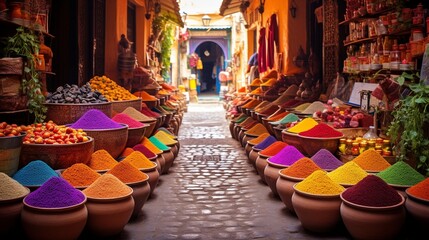 Wall Mural - The vibrant colors of a Moroccan souk in Marrakech, with spices, textiles, and traditional lanterns on display.