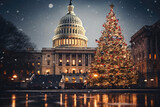 Fototapeta  -  Capitol building with a Christmas tree in the foreground. Suitable for holiday-themed designs, travel brochures, festive greeting cards, and patriotic promotions.christmas tree in washington