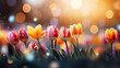 Blooms of Celebration: Web Banner Design featuring Red and Yellow Tulips, Soft Focus Light, and Enchanting Bokeh Background for End-of-Year Festivities.