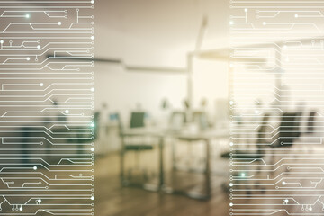 Aufkleber - Abstract virtual micro circuit sketch on a modern furnished office interior background, future technology and AI concept. Double exposure