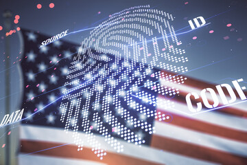 Aufkleber - Double exposure of virtual creative fingerprint hologram on US flag and blue sky background, protection of personal information concept