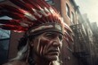 Indian chief with feather crown on city street. Native tribal headman on modern town avenue. Generate ai