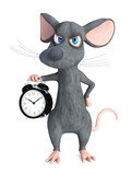 Fototapeta Morze - 3D rendering of a grumpy cartoon mouse holding alarm clock.