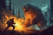 Human fight bear. Man defends wild scary and dangerous animal forest. Generate AI