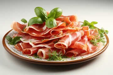 Wall Mural - A plate of sliced meat with a sprig of basil on top.