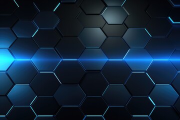Poster - Dark blue hexagon background with glowing lines. 3D Rendering, Abstract hexagonal geometric ultra-wide background, Structure of lots of hexagons of carbon fiber, AI Generated