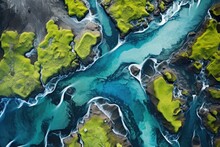 Aerial View Of A River In Iceland, Europe. Top View, Aerial View From Above On A Green And Blue Glacier River Stream In South Iceland, AI Generated