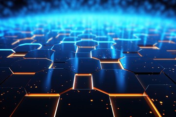 Poster - Abstract technology background with hexagons and glowing lines. 3D rendering, 3D rendering of an abstract hexagon background with blue neon lights, AI Generated