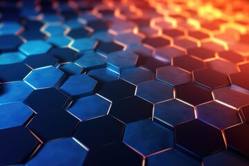 Poster - 3d rendering of abstract background with hexagons in blue and orange colors, 3d rendering of an abst