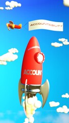 Wall Mural - Accountability are your rocket to the success in life. A cartoon red rocket that flies to the high sky where success awaits in puffy clouds, rainbow and fireworks