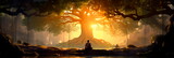 Fototapeta  - meditating under a huge bodhi tree, which symbolizes enlightenment. Generative AI