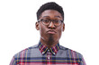 Black man, young and funny face in portrait for pout with glasses for nerd, goofy and quirky style. Male student, silly and expression on isolated or transparent png background for casual fashion