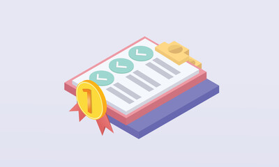 3d minimal certificate or diploma icon with stamp and ribbon bow isolated background. White clipboard task management todo check list, work on project plan concept.on pastel background