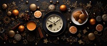 Festive Christmas and New Year’s Eve Flat Lay with Vintage Clock and Decorations, Perfect for Holiday Celebrations and Countdown Parties