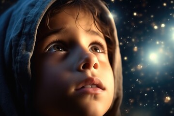 Wall Mural - A young child wearing a hoodie gazes up at the sky. This image can be used to depict curiosity, wonder, or the beauty of nature