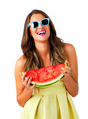 Poster - Portrait, sunglasses and woman with watermelon, smile and happiness isolated on a transparent background. Face, person and model with funky eyewear, nutrition and fruit with wellness, png and healthy