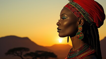 Wall Mural - African woman wearing traditional national clothing and head wrapper. Black History Month concept. Black beautiful lady close-up portrait dressed in colourful cloth and jewellery. .