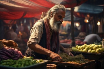 Wall Mural - A man with a long white beard standing in front of a fruit stand. This image can be used to depict a vendor selling fresh fruits or a local market scene