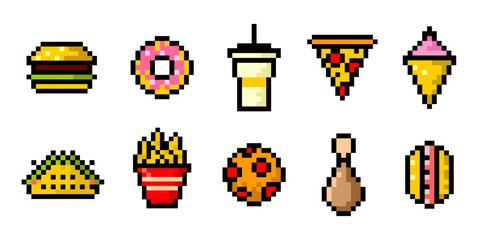Fast food pixel art set of icons. Vintage, 8 bit, 80s, 90s games, computer arcade game items, pizza, ice cream, fries, hamburger. Vector illustration.