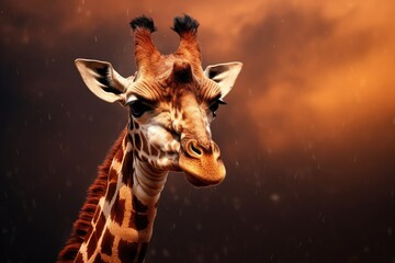 Wall Mural - A close-up view of a giraffe standing in the rain. This image can be used to depict wildlife in natural habitats or to convey the beauty of nature in adverse weather conditions