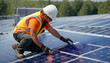 © ReuBurst Designs - An American Construction Worker Installing Blue Solar Panels on a Rooftop Wearing a Orange Vest.
