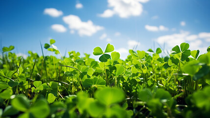 Wall Mural - Shamrock field landscape on bright sunny morning