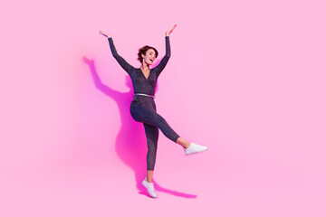 Poster - Full length photo of excited funky girl dressed glamour overall dancing having fun empty space isolated pink color background