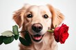 © Екатерина Переславце - Cute portrait dog sitting and looking at camera with red rose in its mouth, isolated on a white background, concept for holidays and greetings