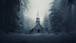 Foggy christian church in winter forest. 