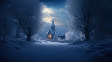 Winter Landscape. Church In The Forest At Night