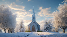 Winter Landscape With Church And Trees In Hoarfrost. 