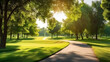 © sahin - New pathway and beautiful trees track for running or walking and cycling relax in the park on green grass field on the side of the golf course. Sunlight and flare background concept. Generative AI.