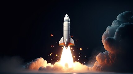 Wall Mural - startup rocket takeoff. 3d rocket launch up. concept of starting business. spacecraft with smoke on 