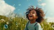 Happy african american little girl playing with soap bubbles in field