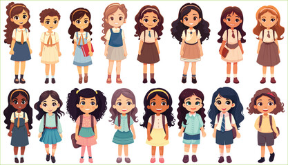 Wall Mural - Set of Happy multiethnic preschool girls and boy standing in different expressions, Cute kids cartoon with different expressions, Set of funny and cute little boy and girl with different character