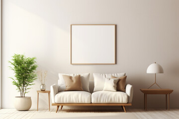 Living room with sofa couch in Scandinavian interior design with empty wooden photo frame on light wall. Mock up template copy space for text