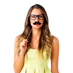 Poster - Portrait, woman and hold for mustache, disguise or prop by face for joke, humor or comedy. Female student, glasses and casual fashion with smile for pose on isolated or transparent png background