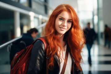 Poster - Portrait of a beautiful young redhead student woman with backpack.